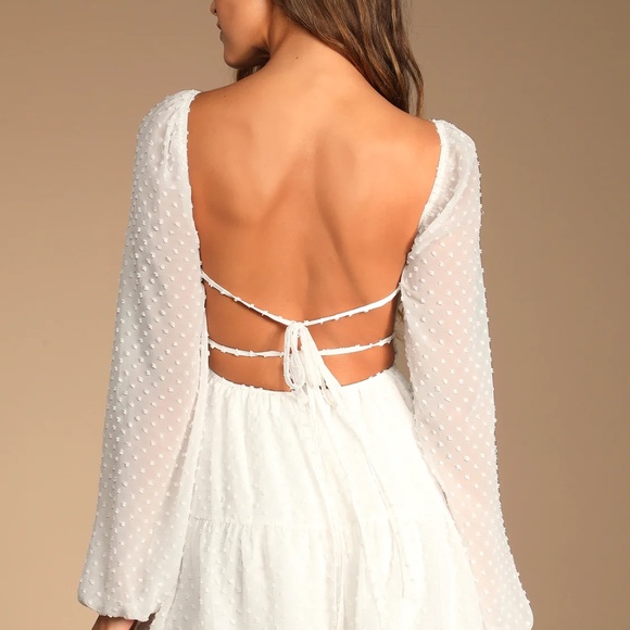 Lulus Longing And Love White Swiss Dot Puff Long Sleeve Mini Dress - Size L - Picture 2 of 2